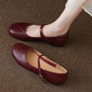 Summer Red Flat Hidden Height Mary Jane Shoes for Women, Small Lambskin, Shallow Mouth, Large Size 41-42, Trendy Summer Footwear