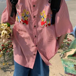Summer Retro Floral Embroidery Short Sleeve Shirt with Denim Collar - Trendy Couple Plaid Top for 90s Y2K Style Fashion