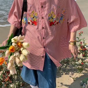 Summer Retro Floral Embroidery Short Sleeve Shirt with Denim Collar - Trendy Couple Plaid Top for 90s Y2K Style Fashion