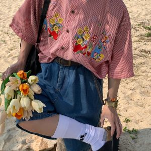 Summer Retro Floral Embroidery Short Sleeve Shirt with Denim Collar - Trendy Couple Plaid Top for 90s Y2K Style Fashion