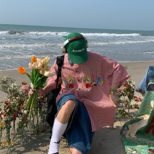 Summer Retro Fun Floral Embroidery Shirt with Denim Collar - Short Sleeve Plaid Top for Couples, Y2K Style Fashion