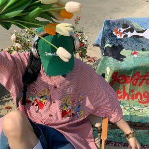 Summer Retro Fun Floral Embroidery Shirt with Denim Collar - Short Sleeve Plaid Top for Couples, Y2K Style Fashion