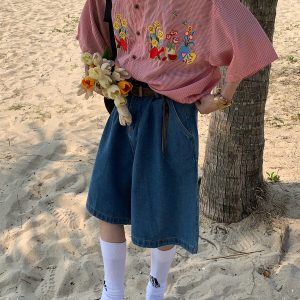 Summer Retro Fun Floral Embroidery Shirt with Denim Collar - Short Sleeve Plaid Top for Couples, Y2K Style Fashion