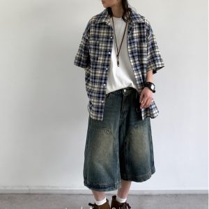 Summer Retro Plaid Short Sleeve Shirt for Men and Women - Casual Loose Fit College Style Work Shirt