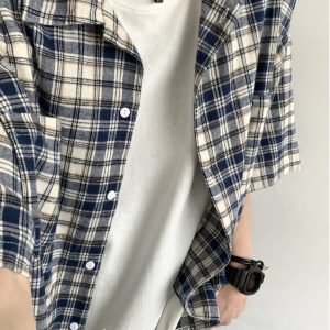 Summer Retro Plaid Short Sleeve Shirt for Men and Women - Casual Loose Fit College Style Work Shirt