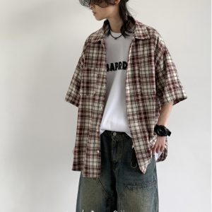 Summer Retro Plaid Short Sleeve Shirt for Men and Women - Casual Loose Fit College Style Work Shirt