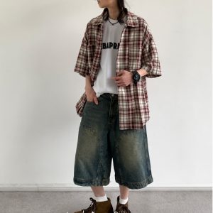 Summer Retro Plaid Short Sleeve Shirt for Men and Women - Casual Loose Fit College Style Work Shirt