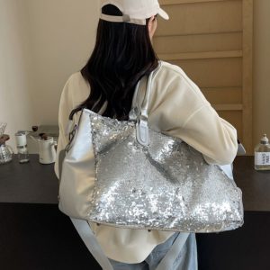 Summer Sequined Tote Bag for Women, Lightweight Large-Capacity Travel & Gym Bag, Stylish Short Trip Luggage