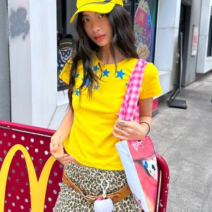 Summer Short-Sleeve T-Shirt for Women with Pentagram Print, Fitted ABG Style, Trendy Y2K Aesthetic