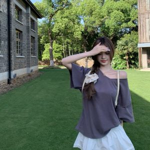 Summer Short Sleeve V-Neck T-Shirt for Women - Loose Fit Asymmetrical Shoulder Top in Relaxed Lazy Style