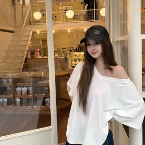 Summer Short Sleeve V-Neck T-Shirt for Women - Loose Fit Asymmetrical Shoulder Top in Relaxed Lazy Style