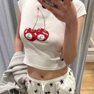 Summer Slim-Fit Cropped T-Shirt for Women - Youthful Korean Design with Trendy Print