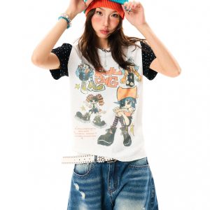 Summer Slim Fit Graffiti T-Shirt for Women - American Rebel Girl Design, Short Sleeve, Casual Street Style Top