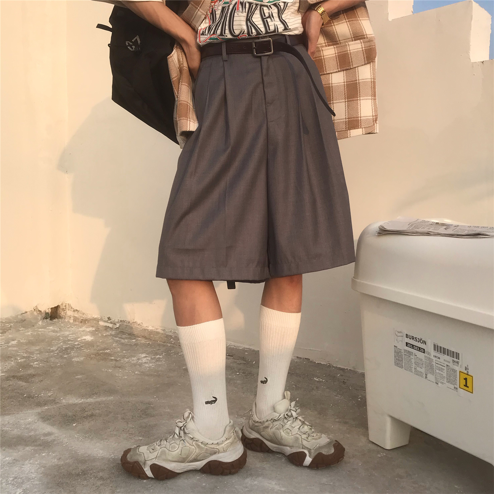 Summer Solid Color Loose High Waist Five-Point Pants - Versatile Retro Korean Style Casual Trousers for Men and Women