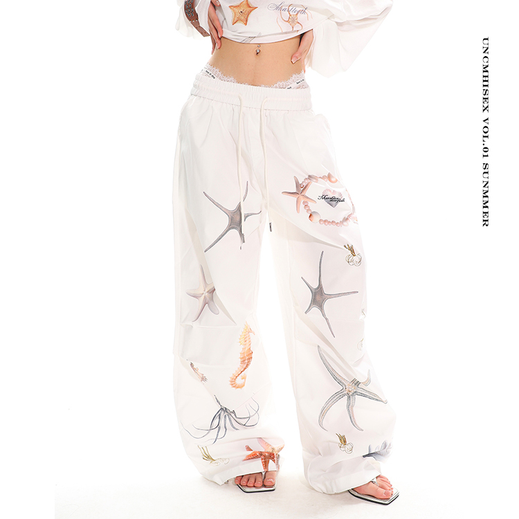 Summer Starfish Shell Print Casual Straight Pants for Work - American Design, Trendy and Comfortable, Perfect for Everyday Wear