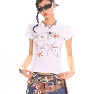 Summer Starfish Shell Print T-Shirt - Women's Short Sleeve Slim Fit Versatile Top, Perfect for Casual 90s and Y2K Style Outfits