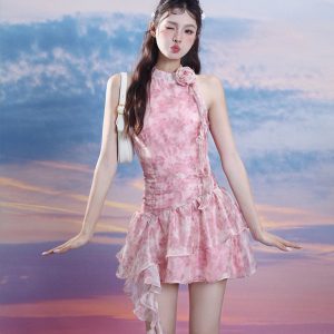 Summer Sweetheart Halter Neck Printed Flowing Ribbon Dress - Sleeveless Off-Shoulder Tank Style for a Chic Summer Look