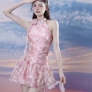 Summer Sweetheart Halter Neck Printed Flowing Ribbon Dress - Sleeveless Off-Shoulder Tank Style for a Chic Summer Look