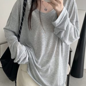 Summer Tencel U-Neck Frayed Big T-Shirt for Women - Loose Long Sleeve Casual Top, Perfect for 90s & Y2K Style