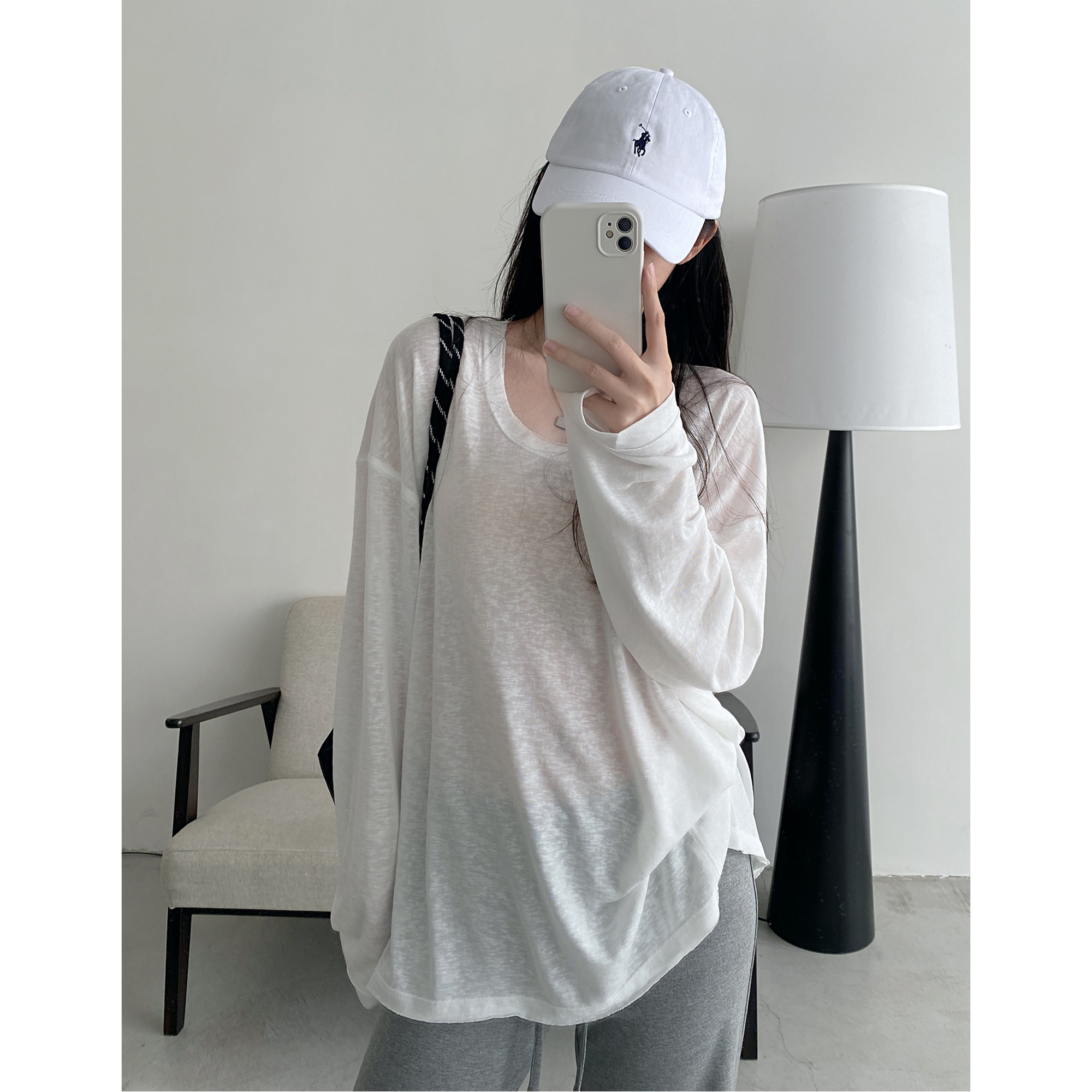 Summer Tencel U-Neck Frayed Big T-Shirt for Women - Loose Long Sleeve Casual Top, Perfect for 90s & Y2K Style
