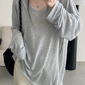 Summer Tencel U-Neck Frayed Big T-Shirt for Women - Loose Long Sleeve Casual Top, Perfect for 90s & Y2K Style