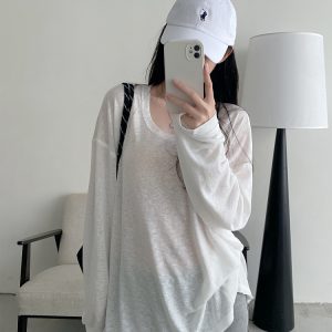 Summer Tencel U-Neck Frayed Big T-Shirt for Women - Loose Long Sleeve Casual Top, Perfect for 90s & Y2K Style