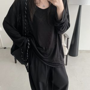 Summer Tencel U-Neck Frayed Big T-Shirt for Women - Loose Long Sleeve Casual Top, Perfect for 90s & Y2K Style