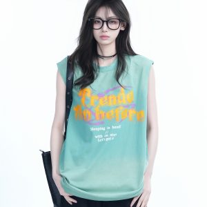 Summer Tie-Dye Gradient Sleeveless T-Shirt for Women, Loose Fit with Shoulder Straps, Trendy Casual Style