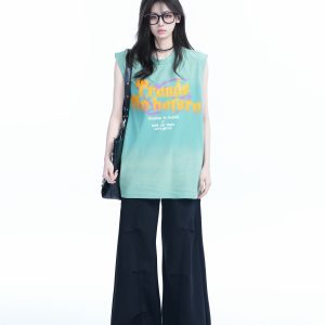 Summer Tie-Dye Gradient Sleeveless T-Shirt for Women, Loose Fit with Shoulder Straps, Trendy Casual Style