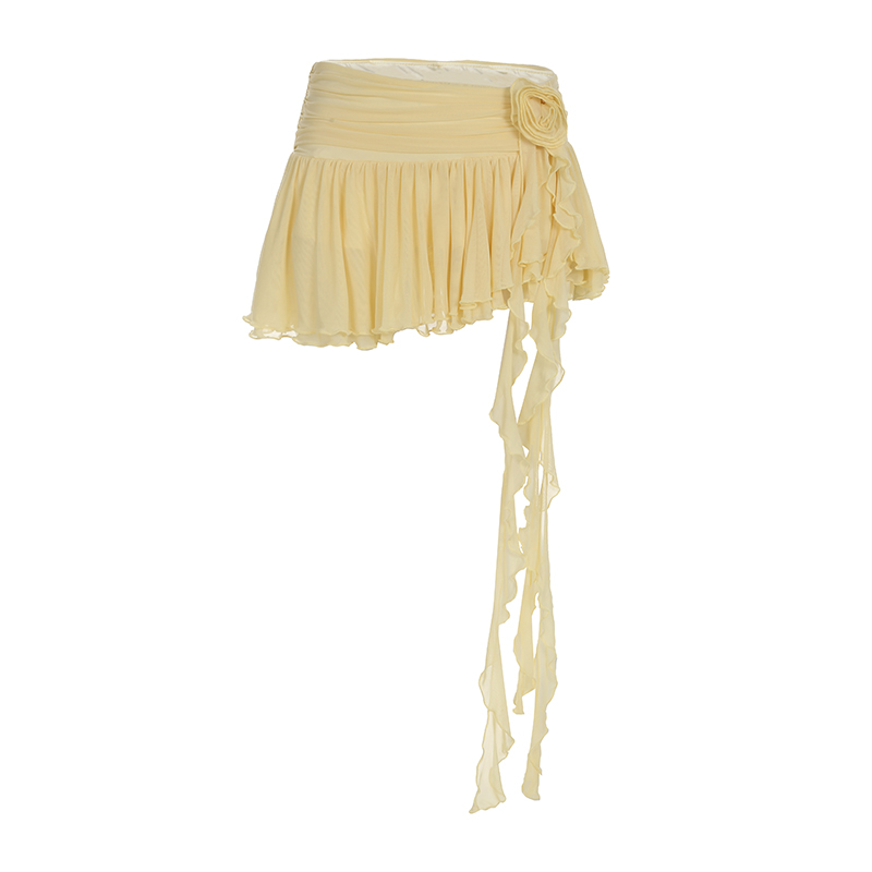 Summer Tulip Floral Ruffled Tulle Short Skirt for Women - Fresh Beach Style with Tassel Details