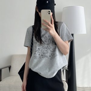 Summer Urban Island Sun Grapefruit Printed T-Shirt - Korean Style Round Neck Short Sleeve Slim Fit Top for Cool Comfort