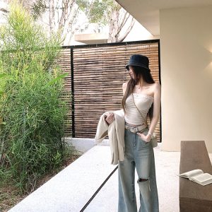 Summer Wash Blue Cat Whisker Ripped Loose Wide-Leg Jeans for Women - Trendy Y2K Style, Casual Chic Denim Pants