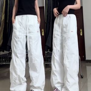 Summer White Cargo Pants for Women, Loose Fit Tapered Joggers with Drawstring, Casual Slimming American-Style Sportswear