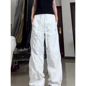 Summer White Cargo Pants for Women, Loose Fit Tapered Joggers with Drawstring, Casual Slimming American-Style Sportswear