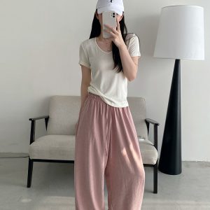 Summer Wide-Leg Casual Pants for Women - Loose Fit, Drawstring, Slightly Wrinkled Texture, Slimming Sun Grapefruit Color