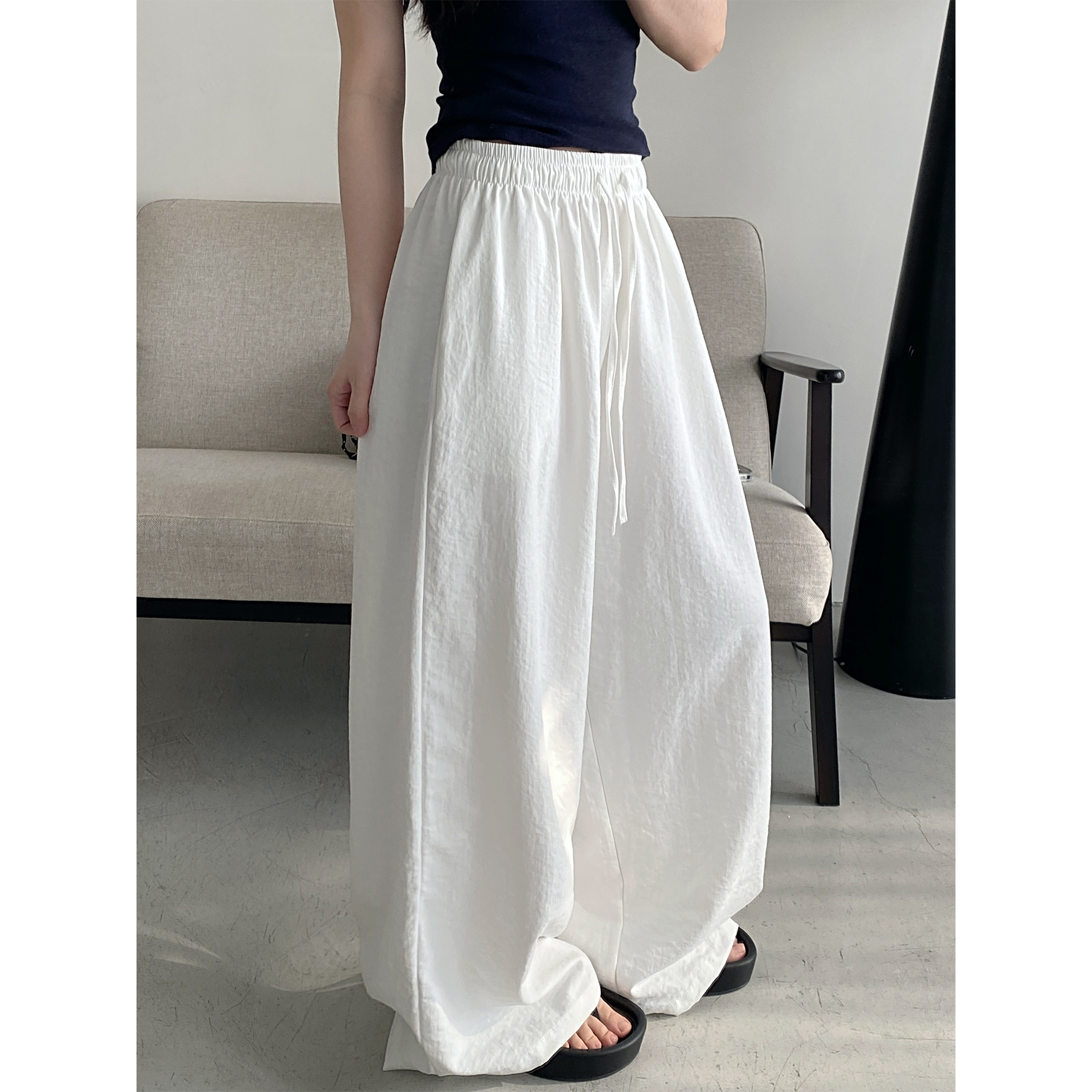 Summer Wide-Leg Casual Pants for Women - Loose Fit, Drawstring, Slightly Wrinkled Texture, Slimming Sun Grapefruit Color
