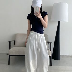 Summer Wide-Leg Casual Pants for Women - Loose Fit, Drawstring, Slightly Wrinkled Texture, Slimming Sun Grapefruit Color