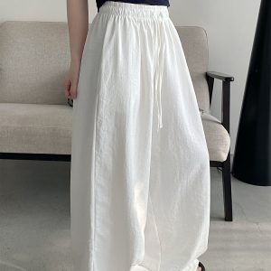 Summer Wide-Leg Casual Pants for Women - Loose Fit, Drawstring, Slightly Wrinkled Texture, Slimming Sun Grapefruit Color