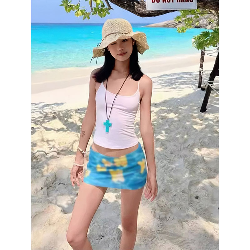 Summer Women's Blue Bodycon Skirt - Hand-Painted Egg Flower Design, Low-Waist Mesh, American Style, Hot and Spicy Short Skirt