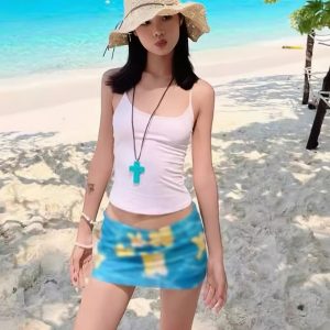 Summer Women's Blue Bodycon Skirt - Hand-Painted Egg Flower Design, Low-Waist Mesh, American Style, Hot and Spicy Short Skirt