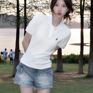 Summer Women's Knitted Short Sleeve Polo Shirt - Twisted Embroidered Design, Slim Fit, Flattering College Style Top
