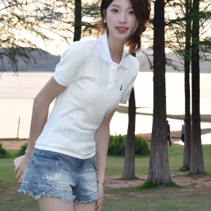 Summer Women's Knitted Short Sleeve Polo Shirt - Twisted Embroidered Design, Slim Fit, Flattering College Style Top