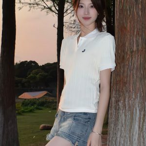 Summer Women's Knitted Short Sleeve Polo Shirt - Twisted Embroidered Design, Slim Fit, Flattering College Style Top