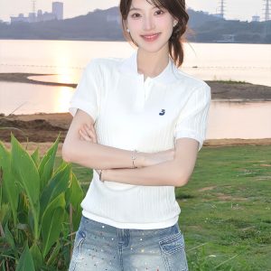 Summer Women's Knitted Short Sleeve Polo Shirt - Twisted Embroidered Design, Slim Fit, Flattering College Style Top