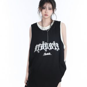 Summer Women's Loose Sports Sleeveless Top - Embroidered Fake Two-Piece Vest with 