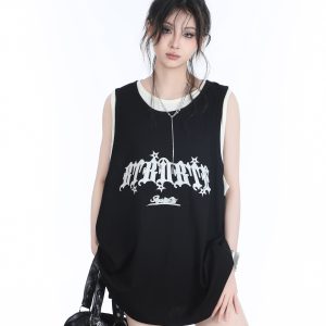 Summer Women's Loose Sports Sleeveless Top - Embroidered Fake Two-Piece Vest with 