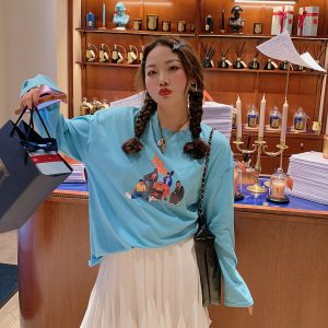 Summer Women's Printed Long Sleeve T-Shirt - Loose Fit, Slimming Round Neck, Sun Protection, Trendy and Stylish