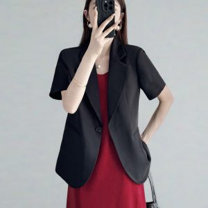 Summer Women's Short-Sleeved Suit Jacket in White and Black, High-End Loose Fit Blazer for Slimming Casual Style