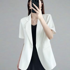 Summer Women's Short-Sleeved Suit Jacket in White and Black, High-End Loose Fit Blazer for Slimming Casual Style