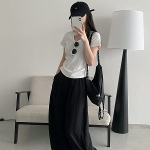 Summer Women's Slim Minimalist Wide-Leg Pants in Sun Grapefruit Linen Tencel - Thin Loose Fit for Effortless Style